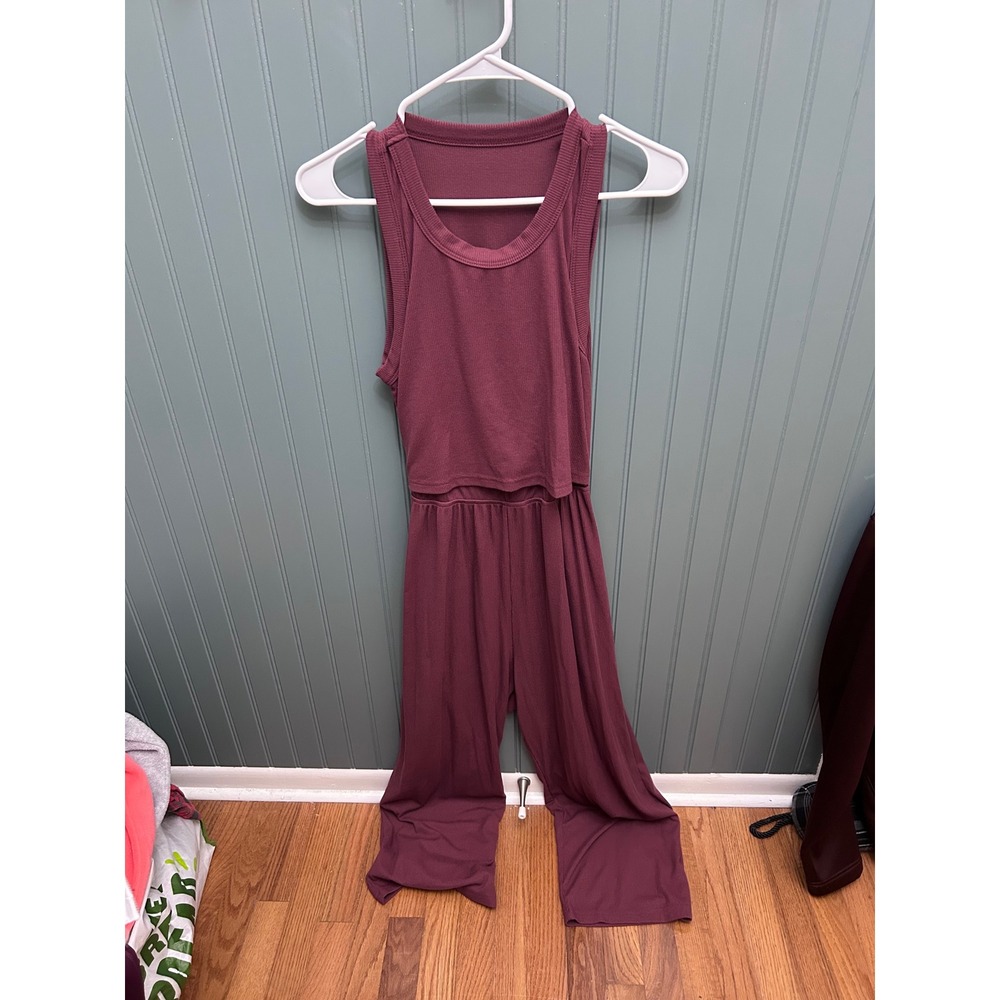 Latched Mama Nursing Jumpsuit Plum Burgundy Ribbed Sleeveless Wide Leg Small